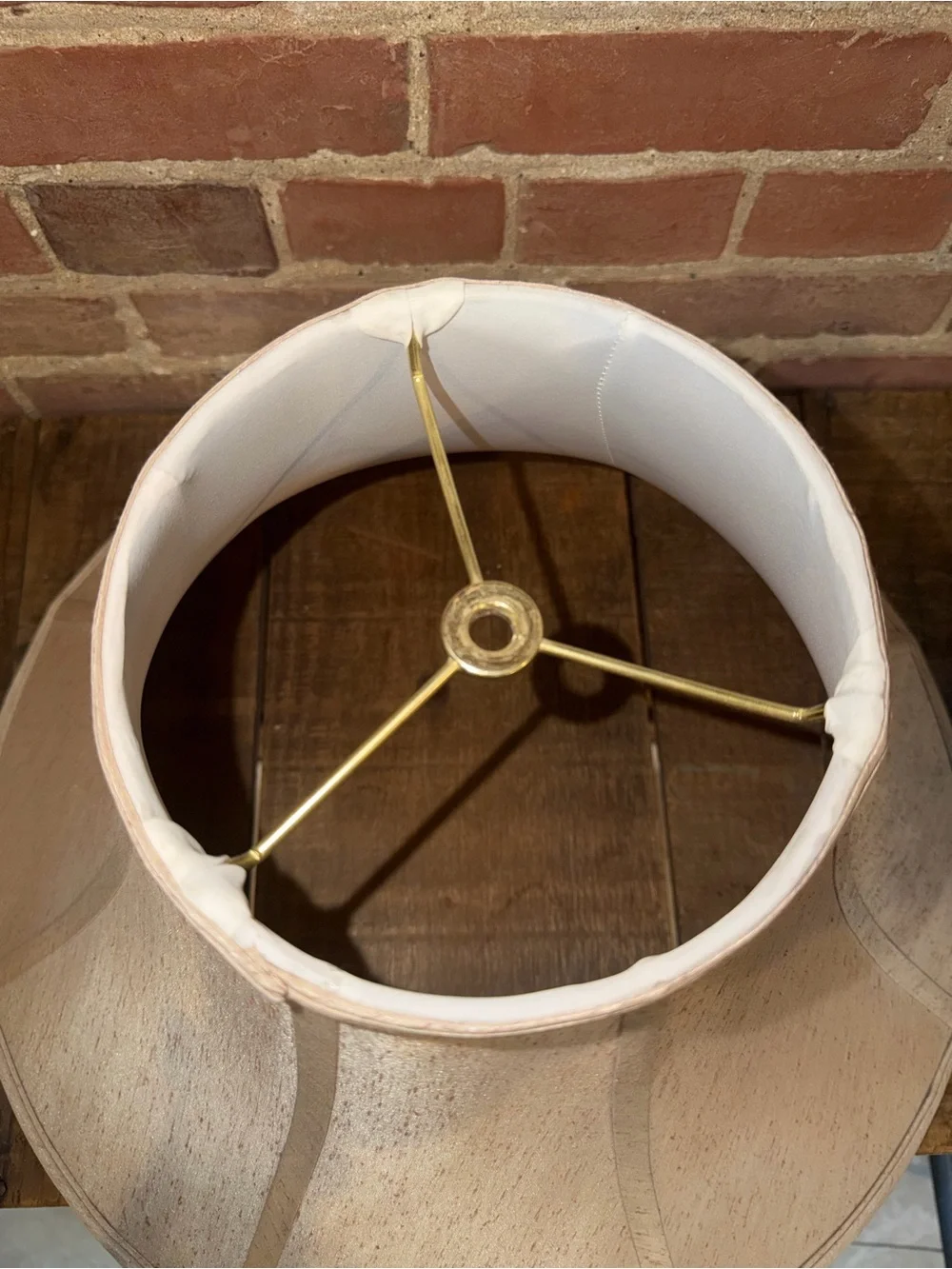 Vintage Neutral Beige Fabric Bell Lamp Shade with Brass Harp Victorian